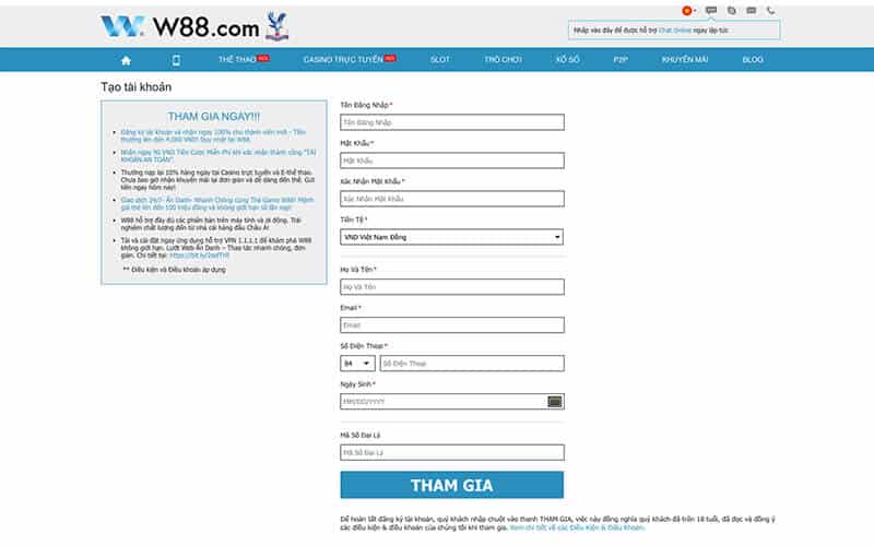 Đăng ký tài khoản nhà cái W88