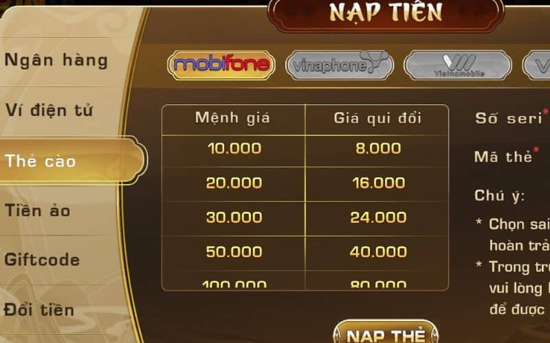 Nạp tiền Win68